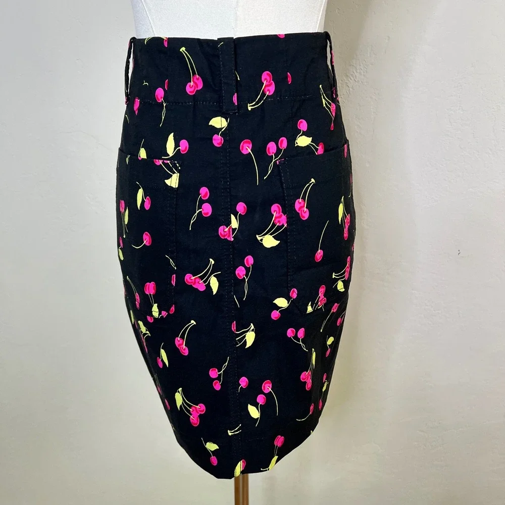 Maeve Anthropologie Cherry Print Colette Mini Skirt Black Pockets Cotton Sml NEW